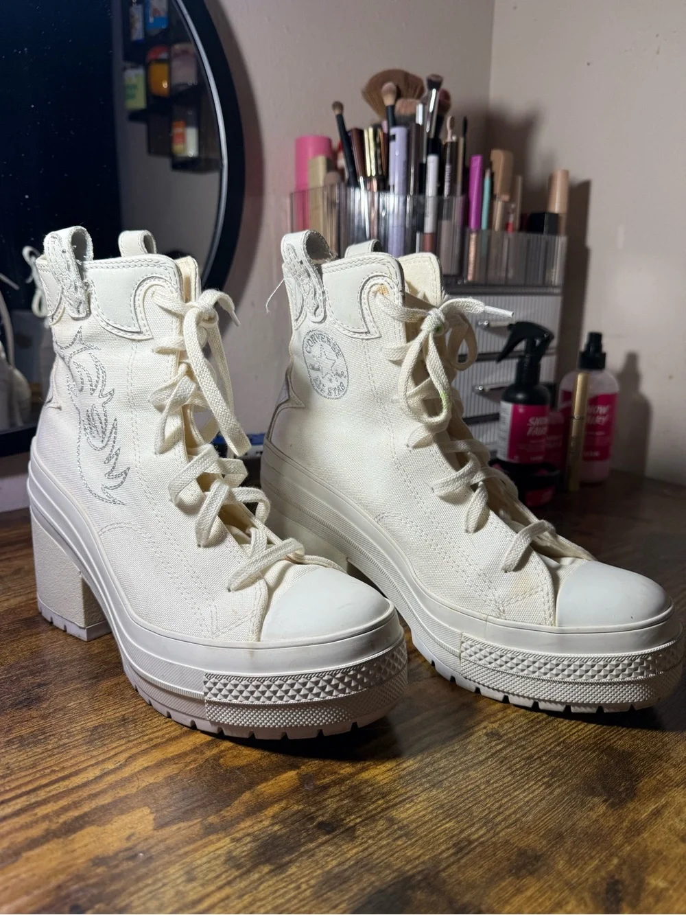 Converse Cream Platform Western Lace-Up High-Heel Boots